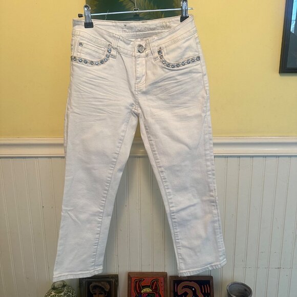 Miss Me Womens White Rhinestone-Embellished Straight-Leg Jeans Size 1 - Picture 1 of 8